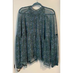 FREE PEOPLE Sheer Floral Tie-Back Long Sleeve Blouse